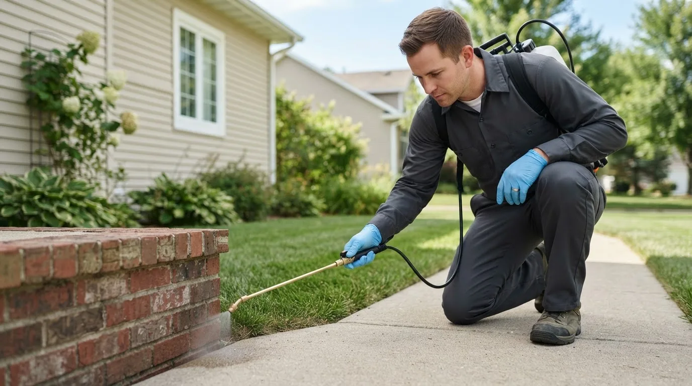Pest control technician treating a home near Choteau, MT